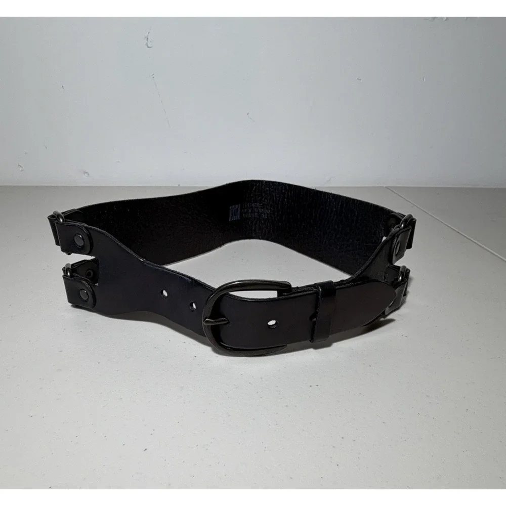 GAP Women's XS Black Leather Waist Belt Double Strap Silver Buckle Grunge
